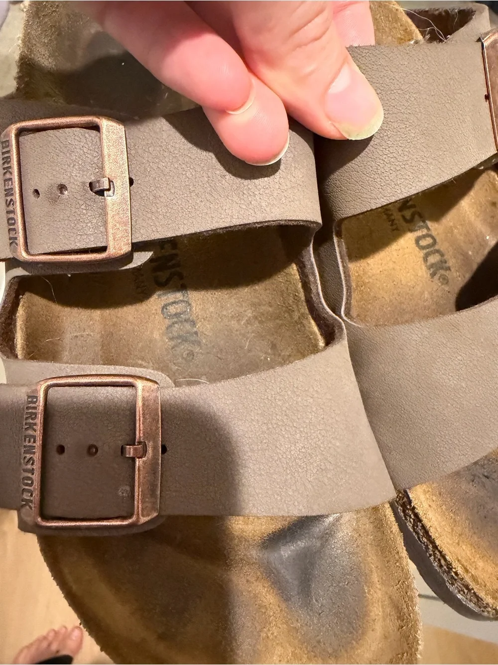 Birkenstock Arizona Double Strap Sandals in Brown Taupe with Copper Buckles